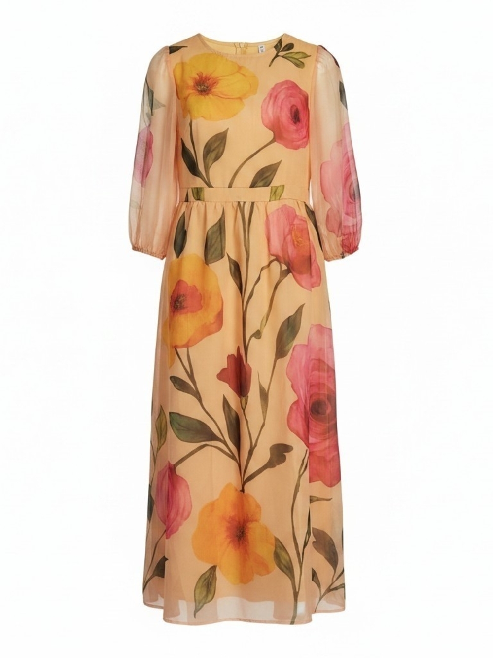 ​Uoozee Womens Yellow Floral Long Sleeve Midi Dress Size S NWT Chiffon Look

​